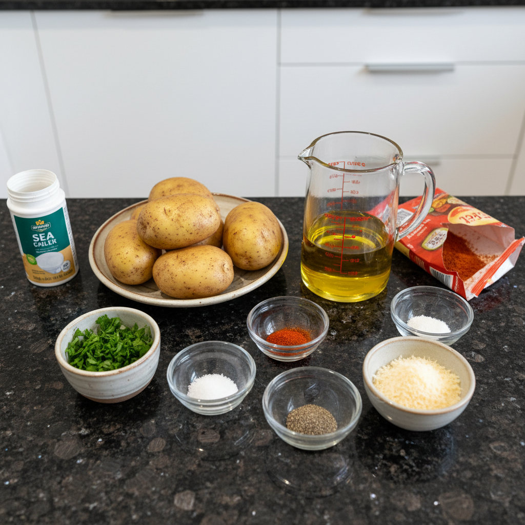 Ingredients for baked potato wedges, including potatoes and spices.