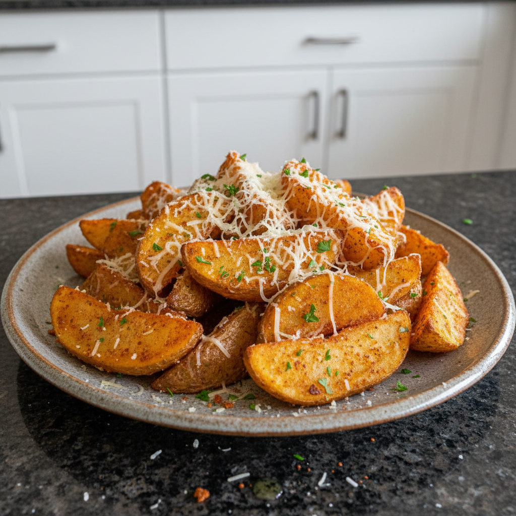 Golden baked potato wedges seasoned and ready to eat.