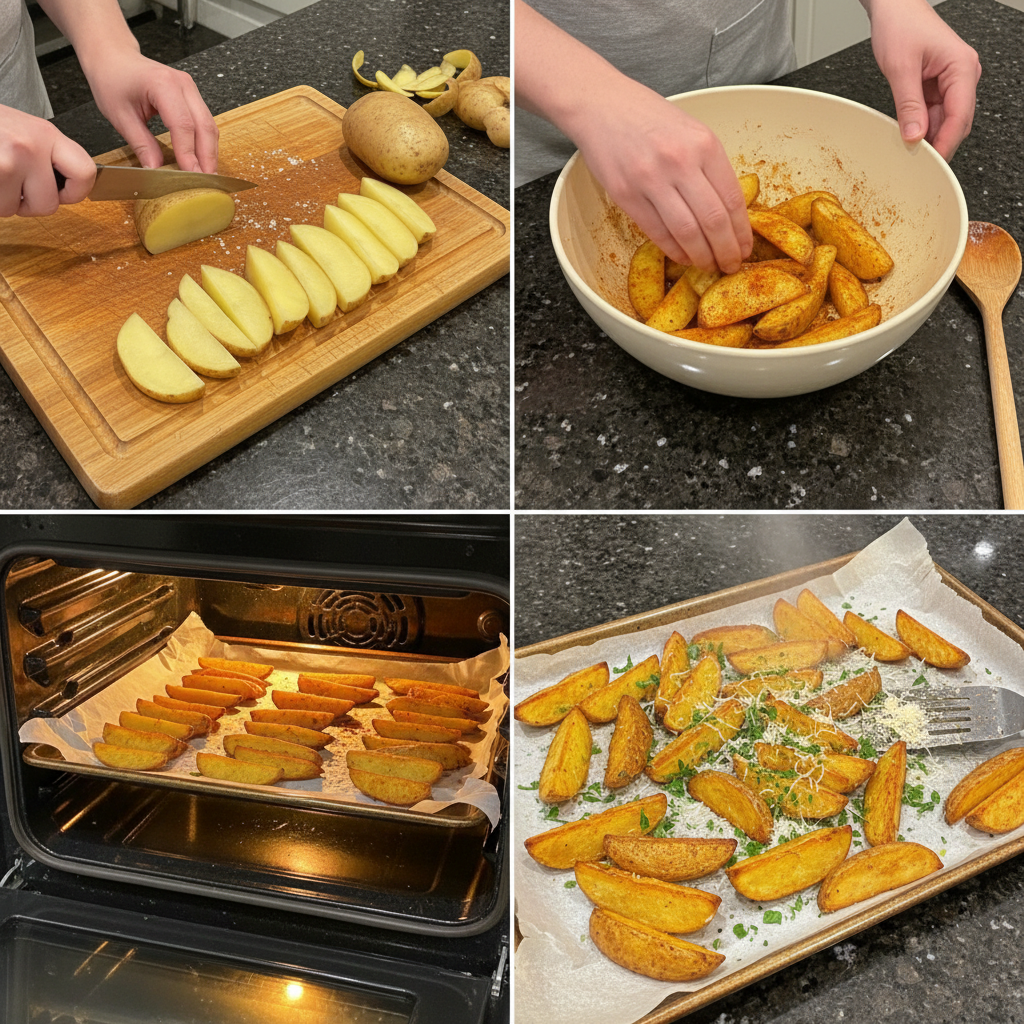 Step-by-step prep of homemade baked potato wedges on a baking sheet.