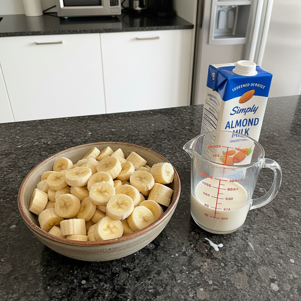 Simple banana nice cream ingredients: frozen bananas and toppings