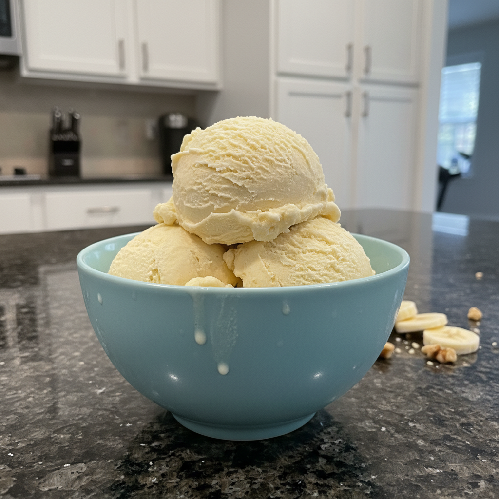 Bowl of creamy banana nice cream, a healthy vegan dessert