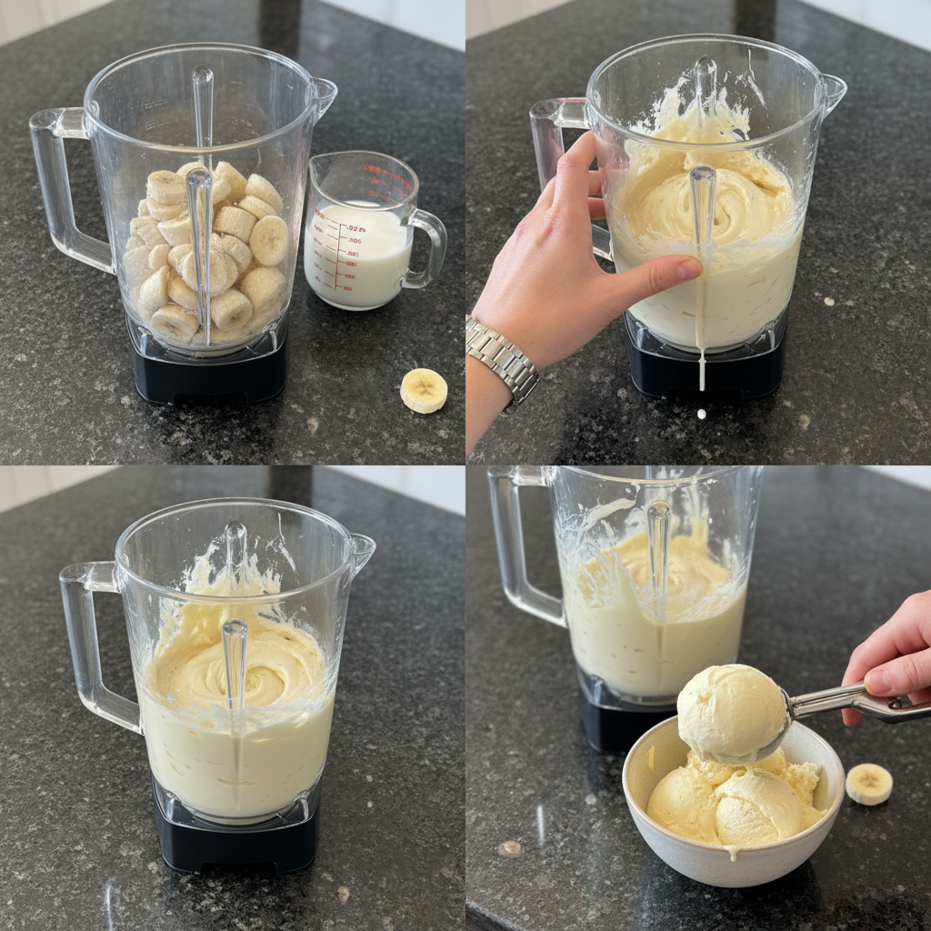 Blending frozen bananas for homemade banana nice cream