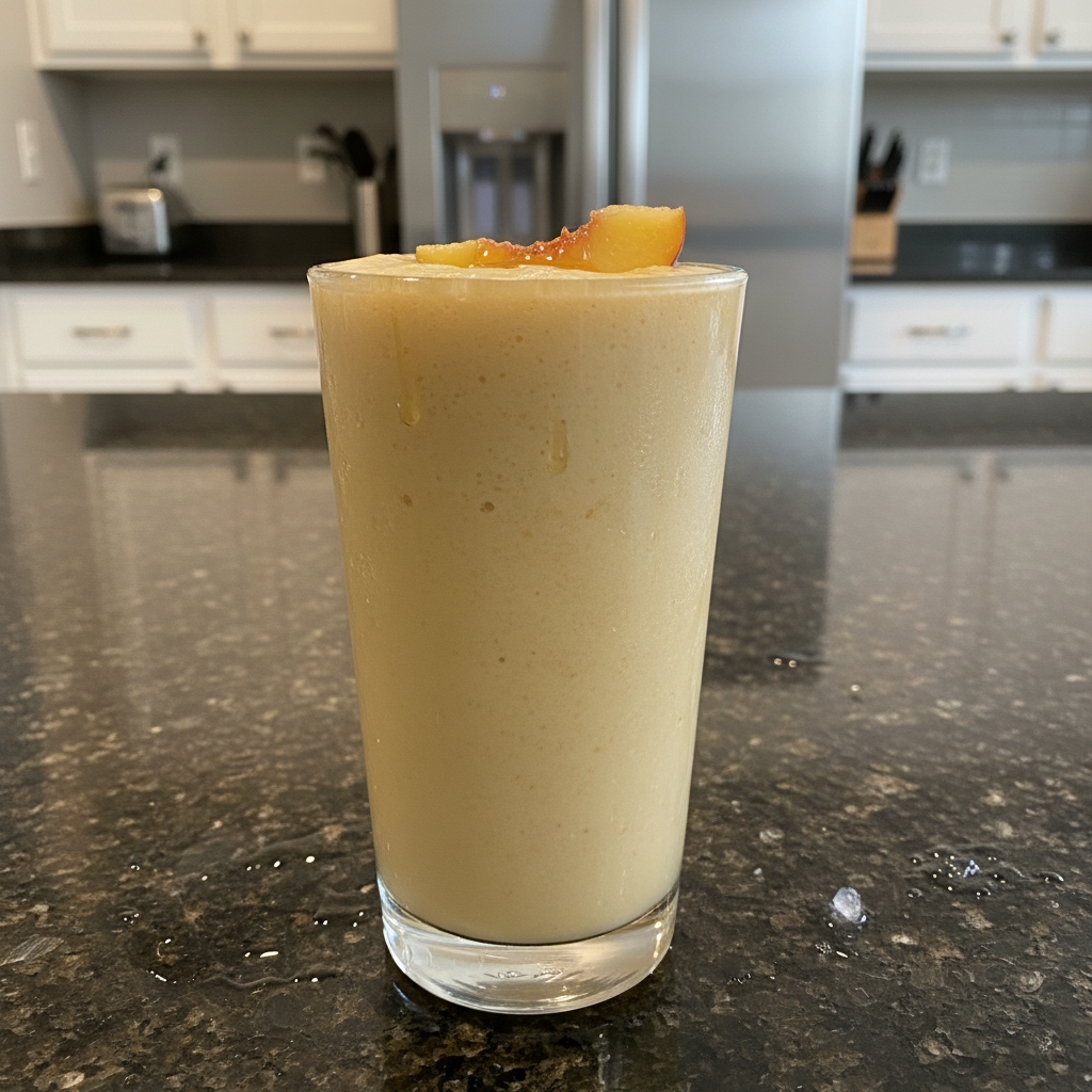 Creamy banana peach smoothie in a glass with sliced fruit, ready to drink