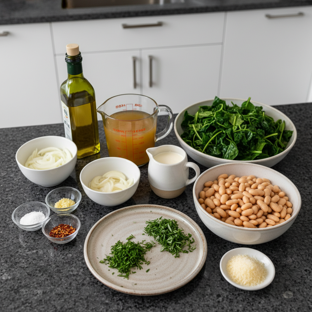 Fresh ingredients for beans, greens and cream recipe on a wooden surface.