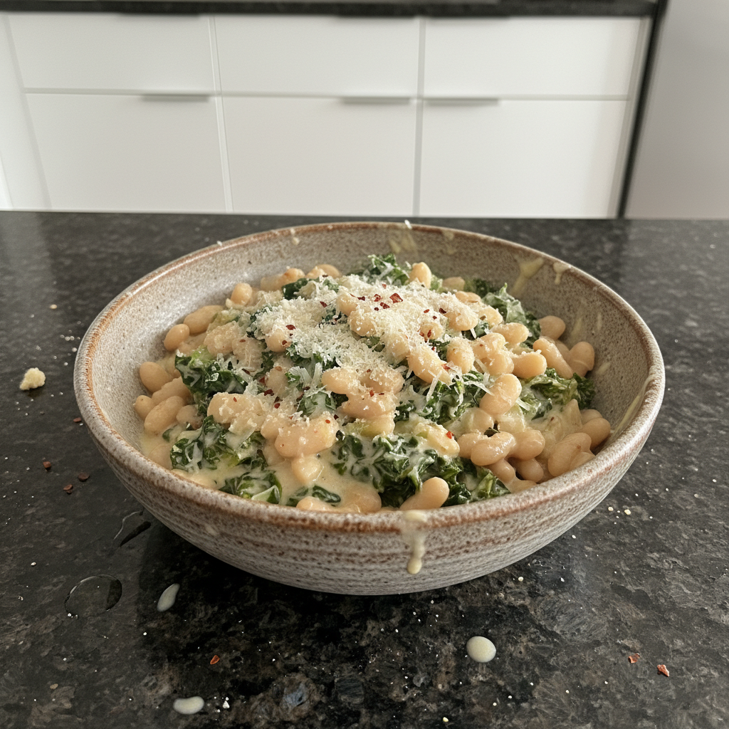 A delicious bowl of creamy beans, greens and cream, topped with herbs.