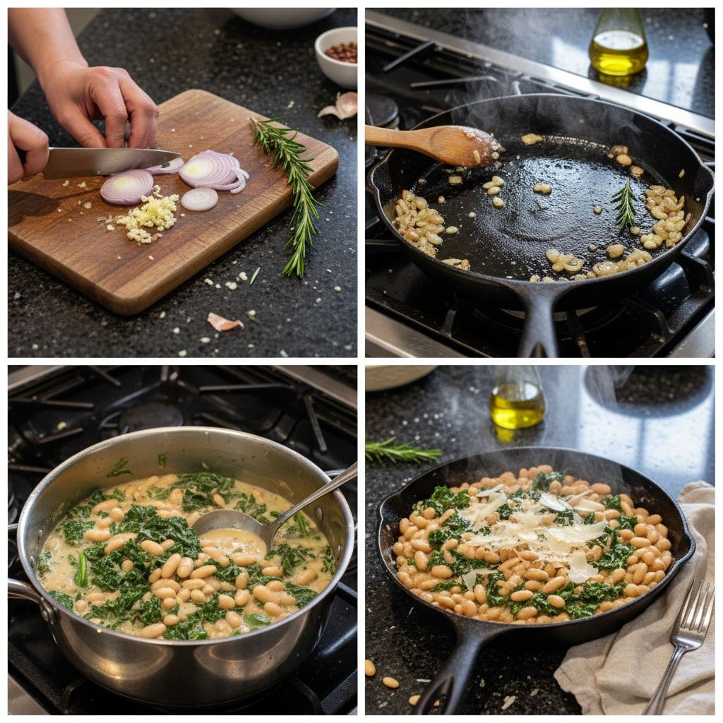 Close-up of preparing beans, greens, and cream in a kitchen.