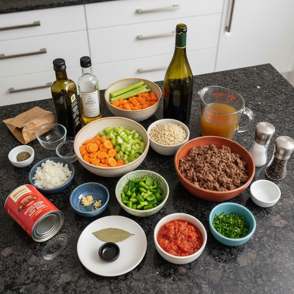 Close-up of fresh ingredients for beef barley soup recipe.