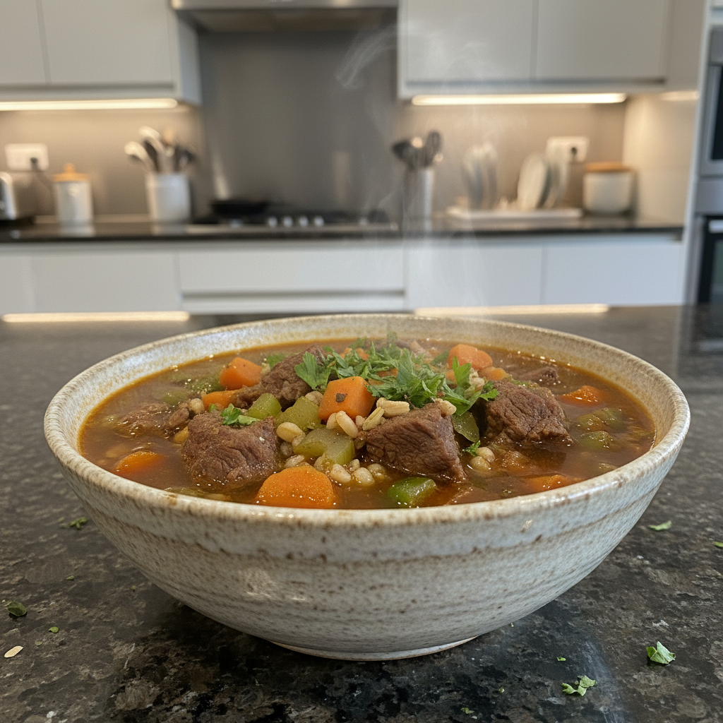 Hearty beef barley soup recipe served in a rustic bowl.