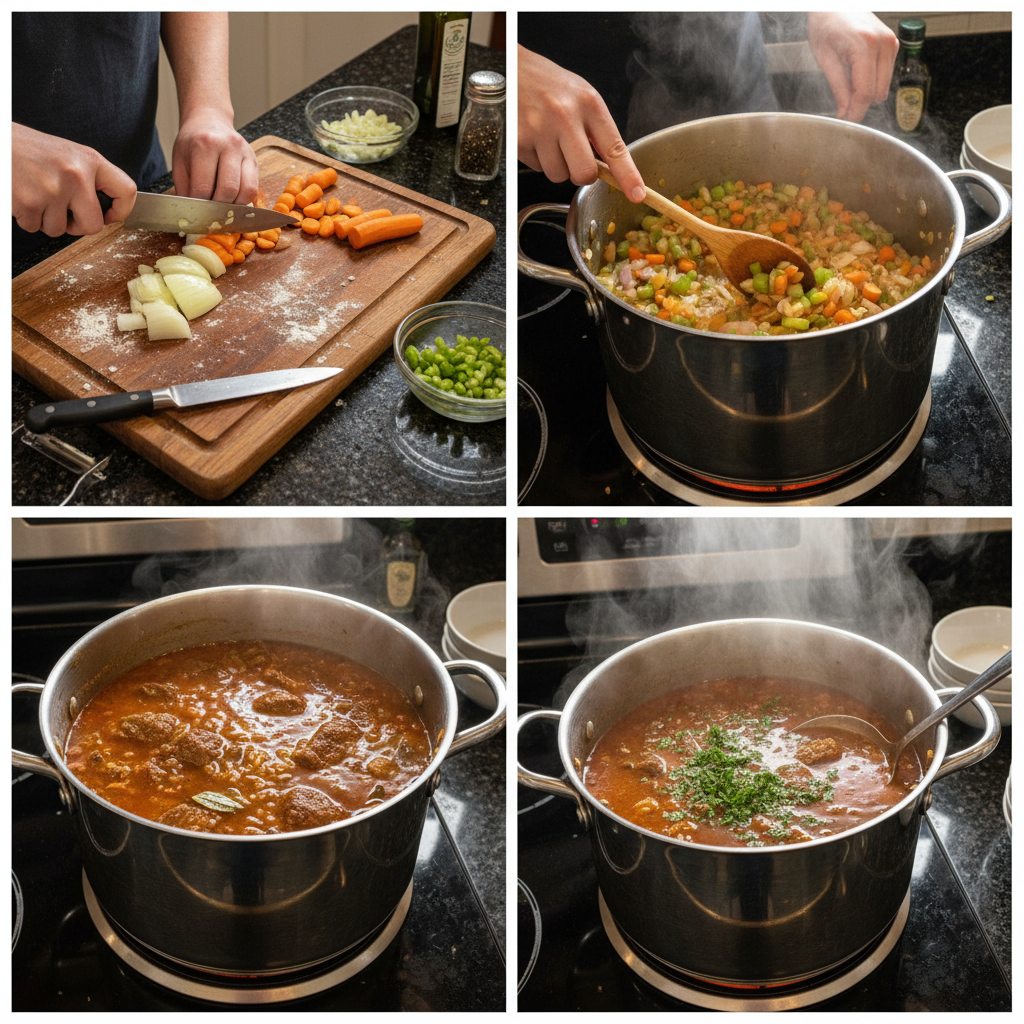 Step-by-step preparation of beef barley soup recipe in pot.