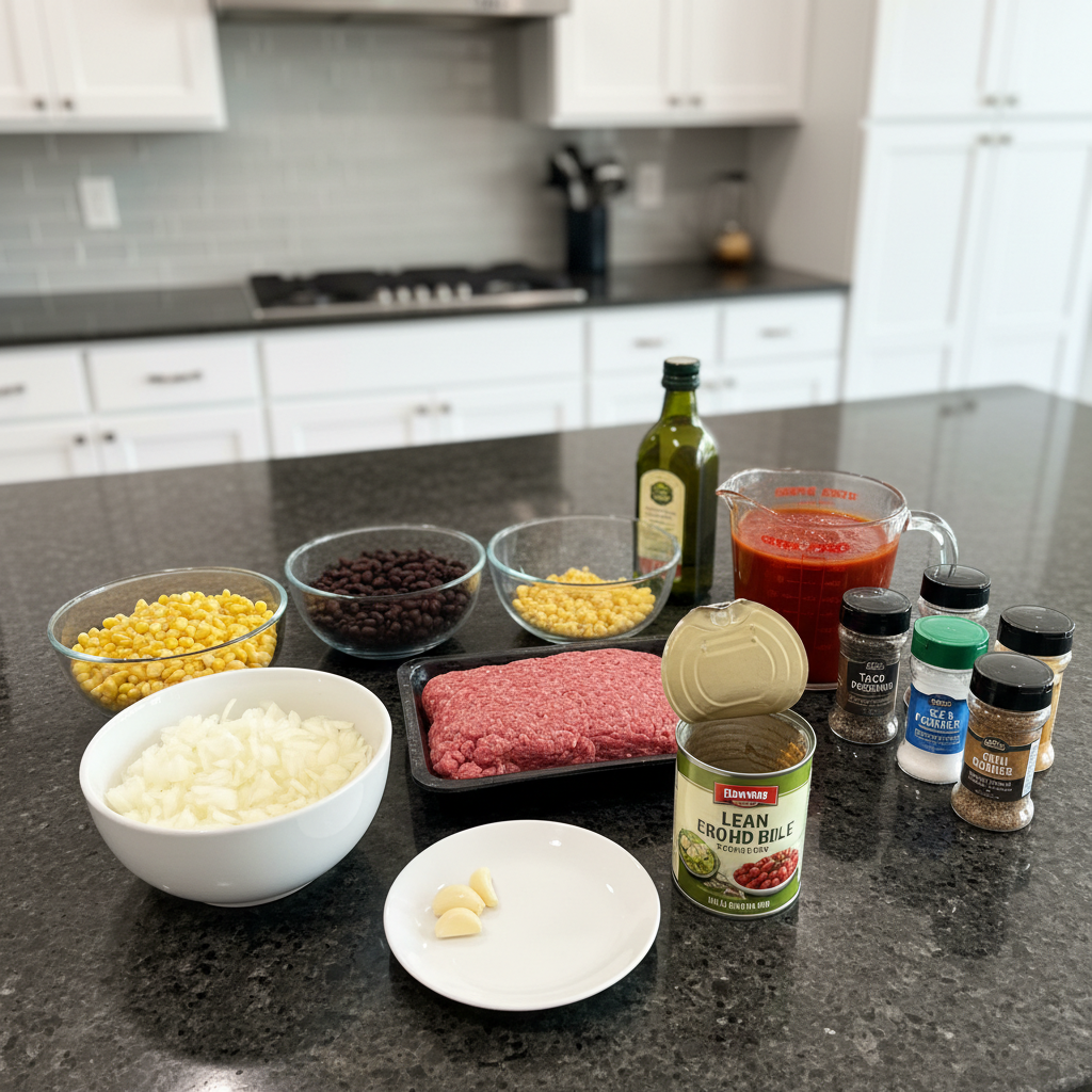 Colorful ingredients for beef enchilada soup like ground beef, beans, corn, and spices.