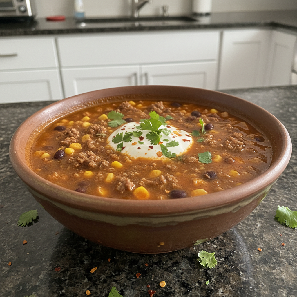 Hearty beef enchilada soup simmering in a vibrant red broth, topped with cheese.