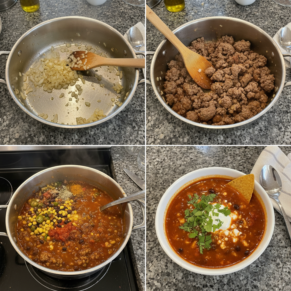 Step-by-step instructions showing how to prepare beef enchilada soup.