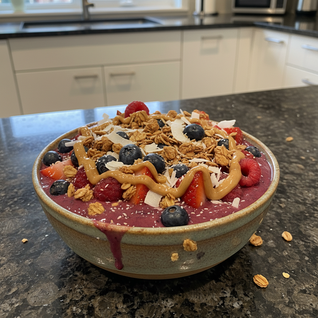 Vibrant berry smoothie bowl topped with fresh fruit, seeds, and granola.