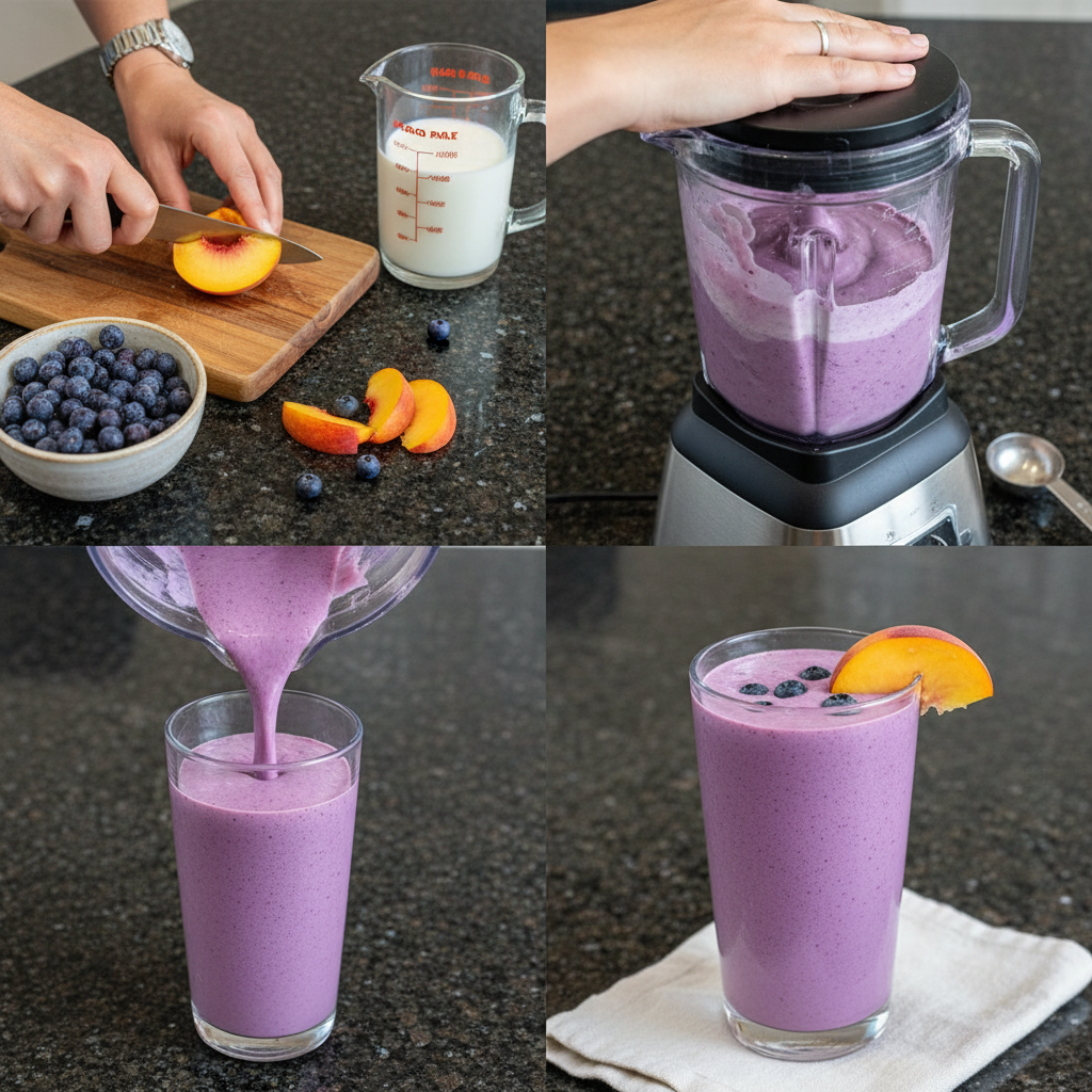 Blending a peach blueberry smoothie to copy Panera.