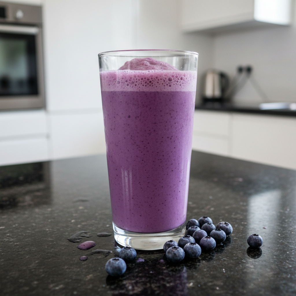 Iced blueberry lemonade smoothie in glass with lemon and berries.
