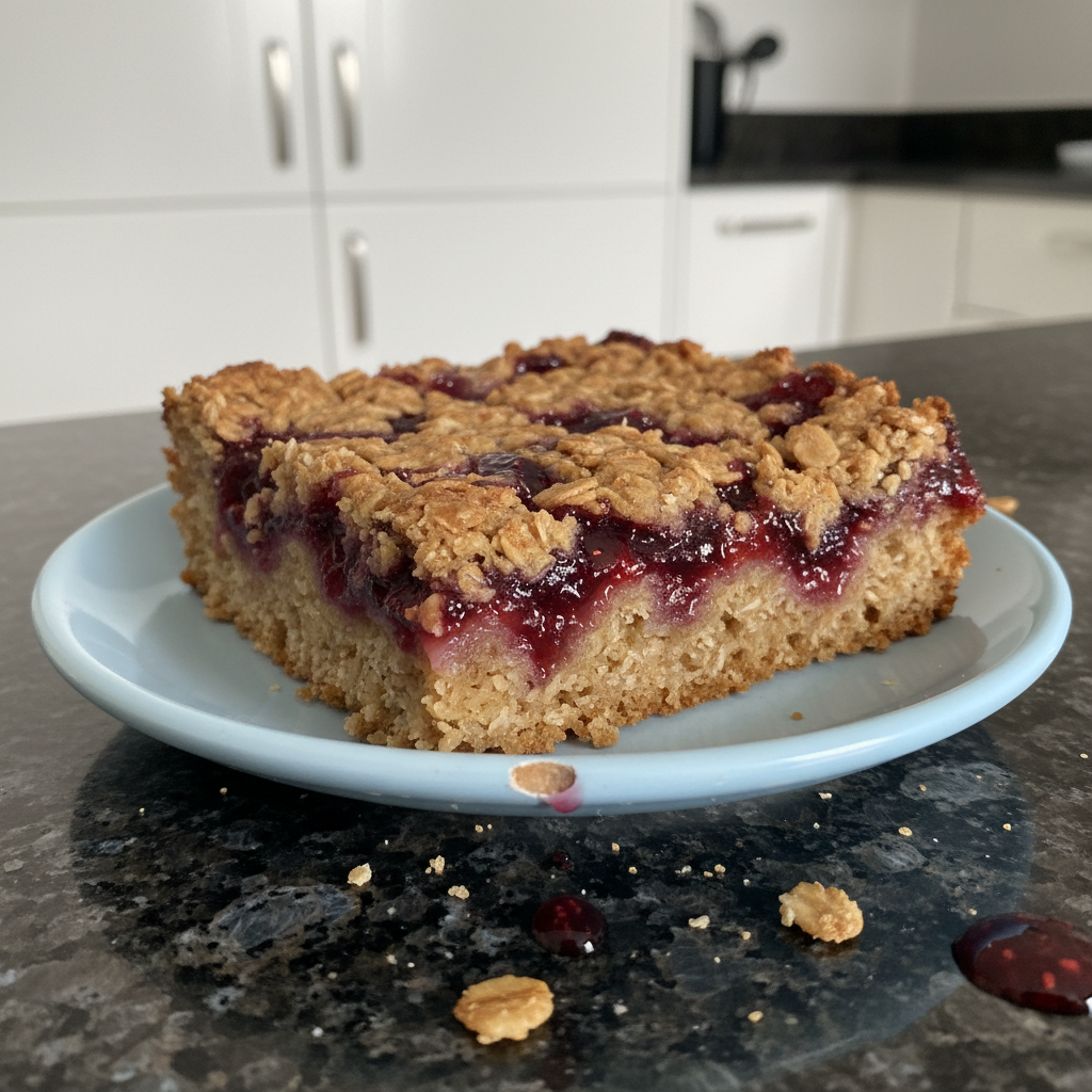 Golden breakfast bar recipe, cut into squares on a wooden board.