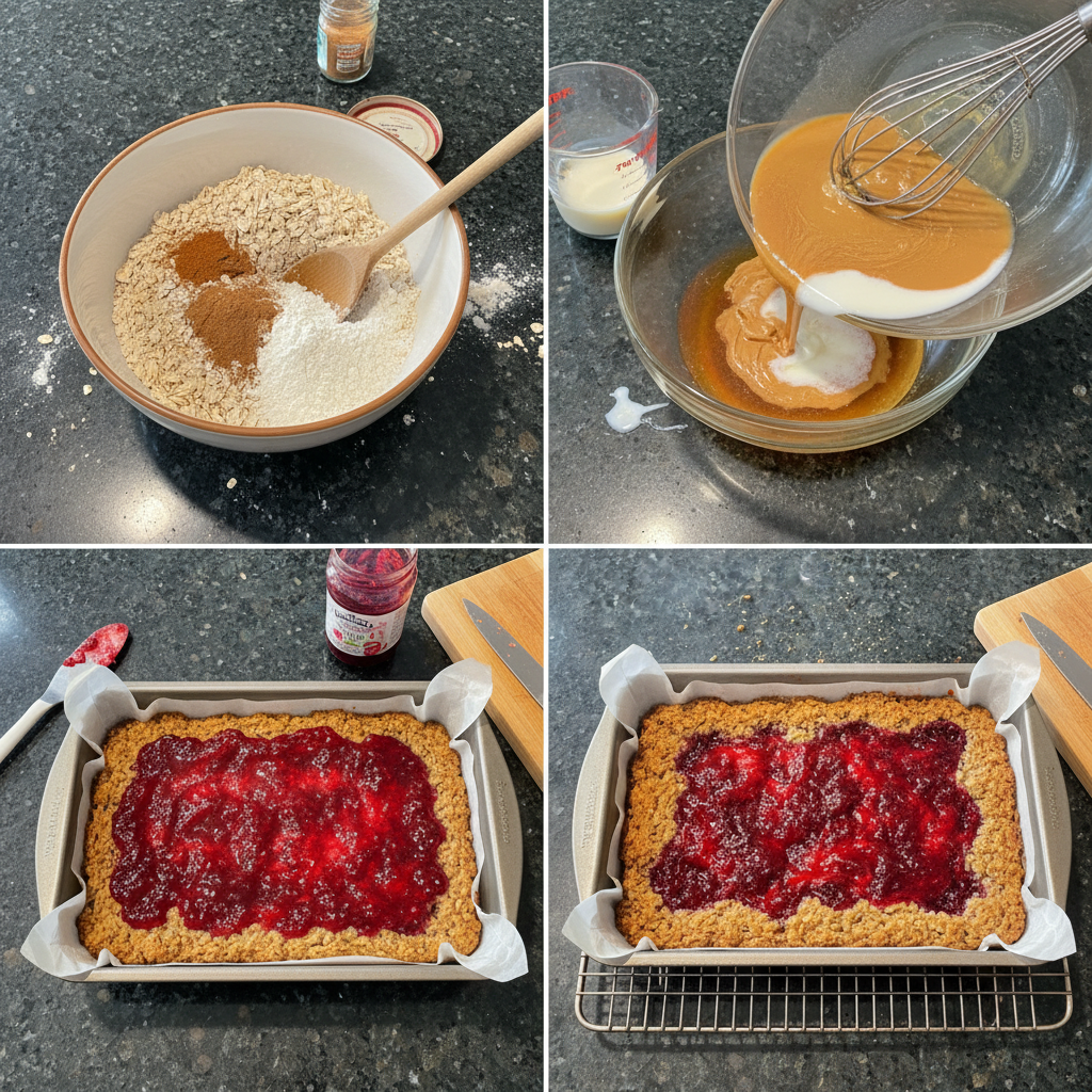 Step-by-step images of making breakfast bar recipe.