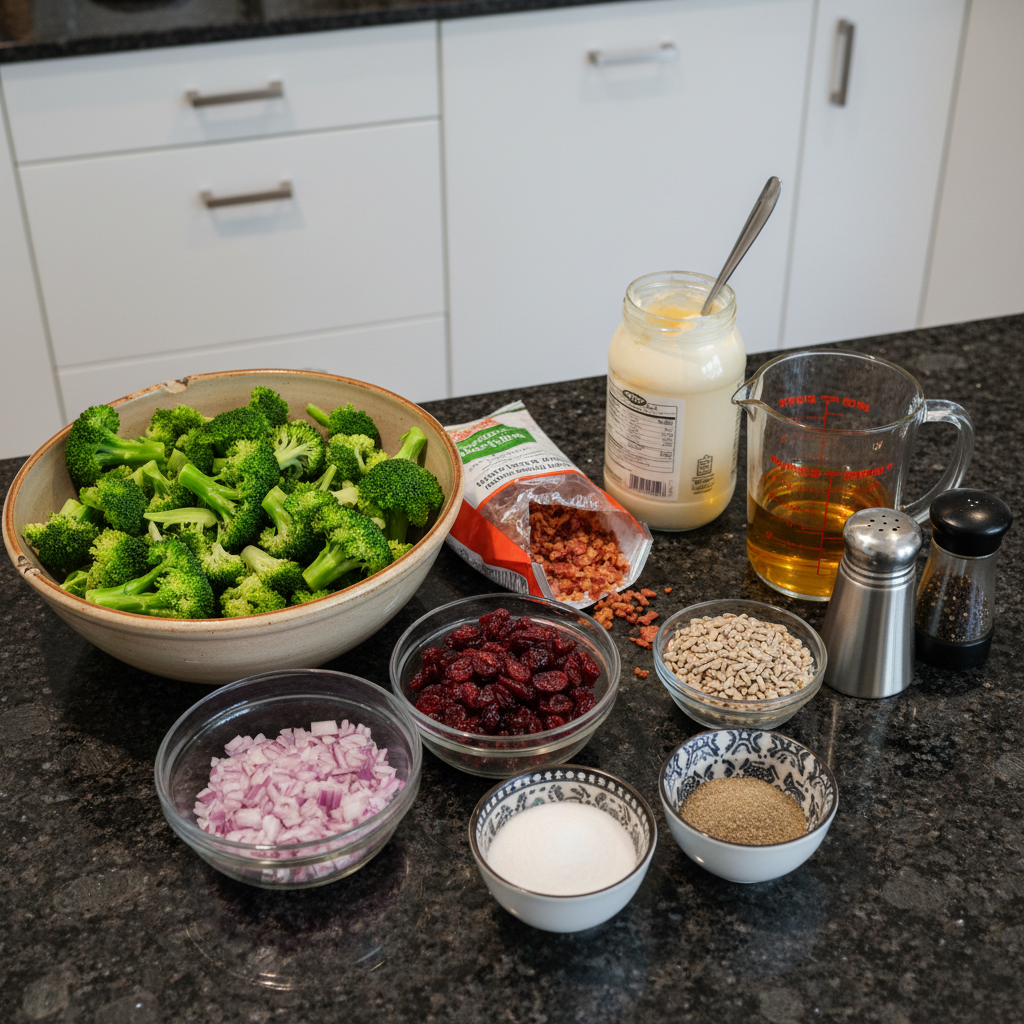 Broccoli salad ingredients: broccoli, bacon, cranberries, and dressing.