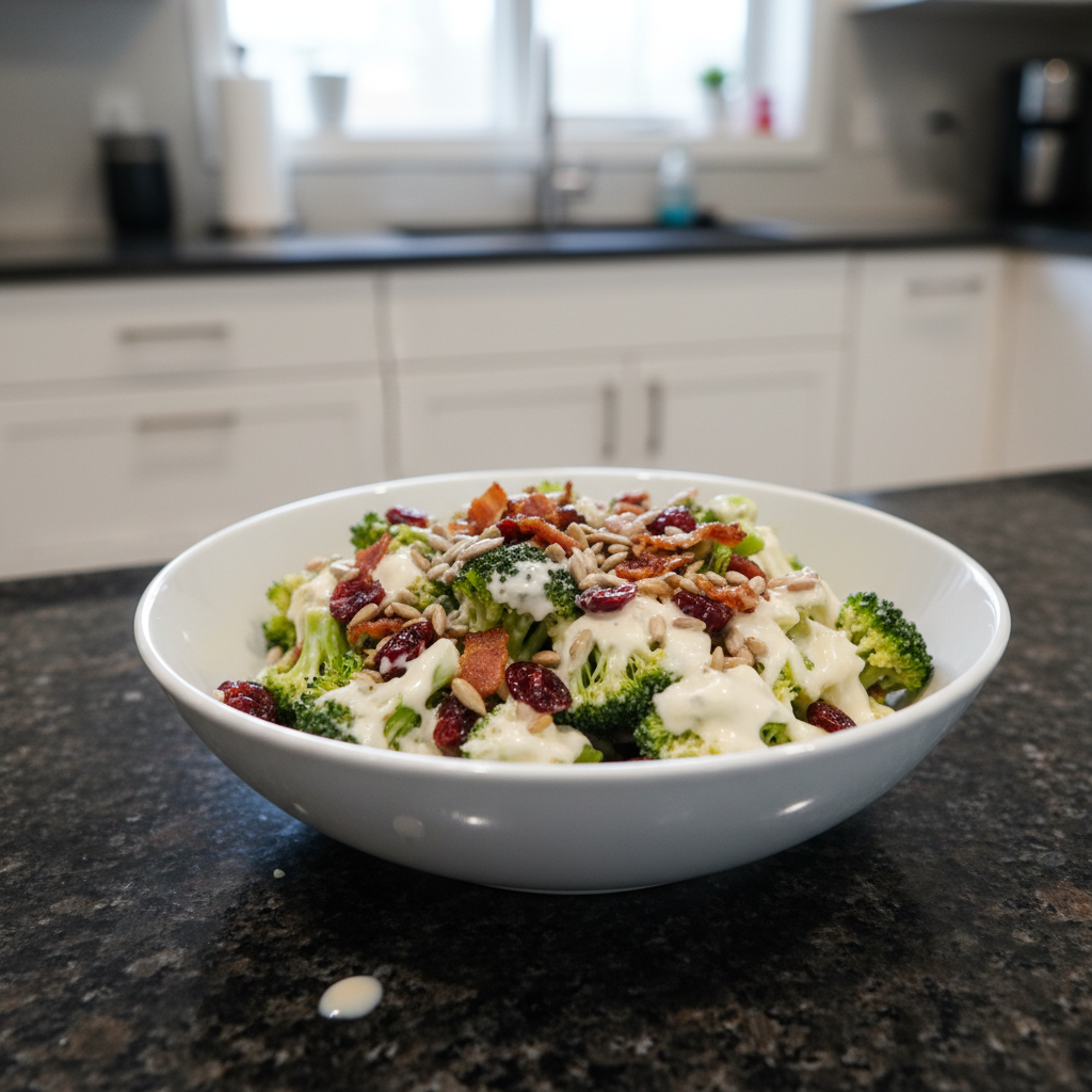 Delicious broccoli salad with creamy dressing, bacon, and cranberries.