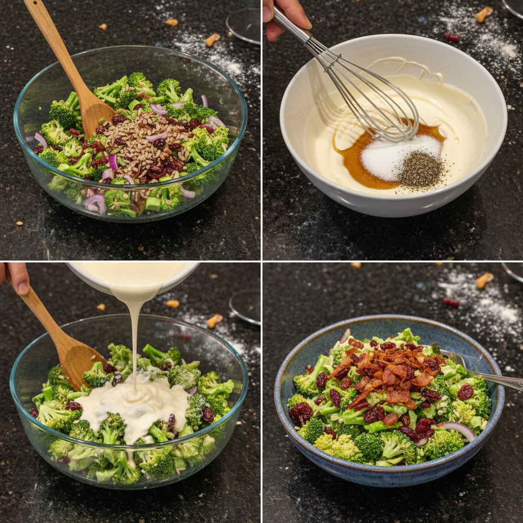 Preparing easy broccoli salad with bacon and cranberries.