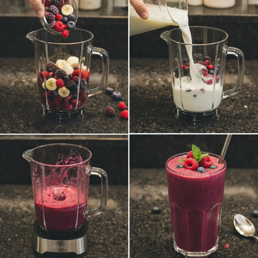berry-smoothie-prep-blending Blending ingredients in a blender to prepare a berry smoothie.