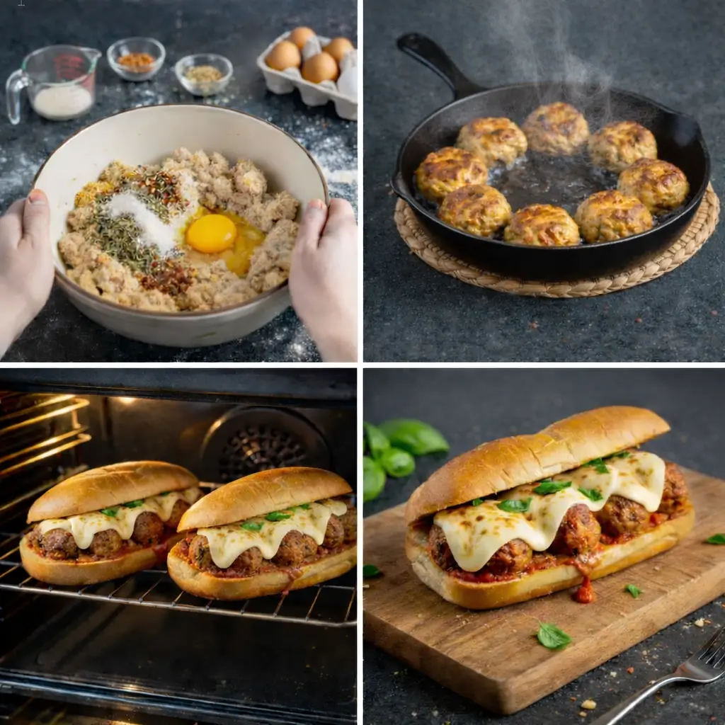 chicken-parm-meatball-subs-prep Step-by-step photo of assembling the Chicken Parm Meatball Subs.