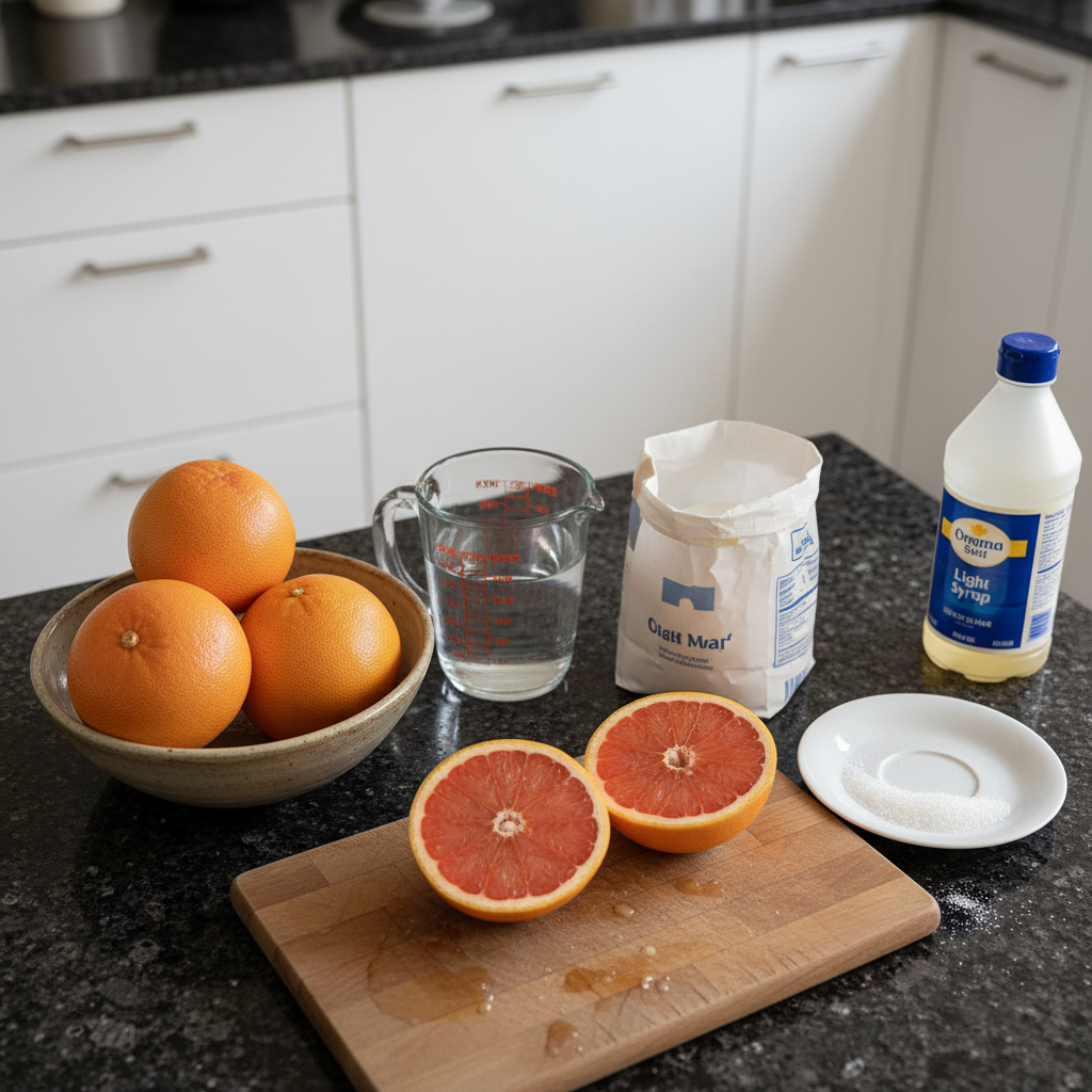 Grapefruit peels, sugar, and water: the simple ingredients for candied grapefruit peel.