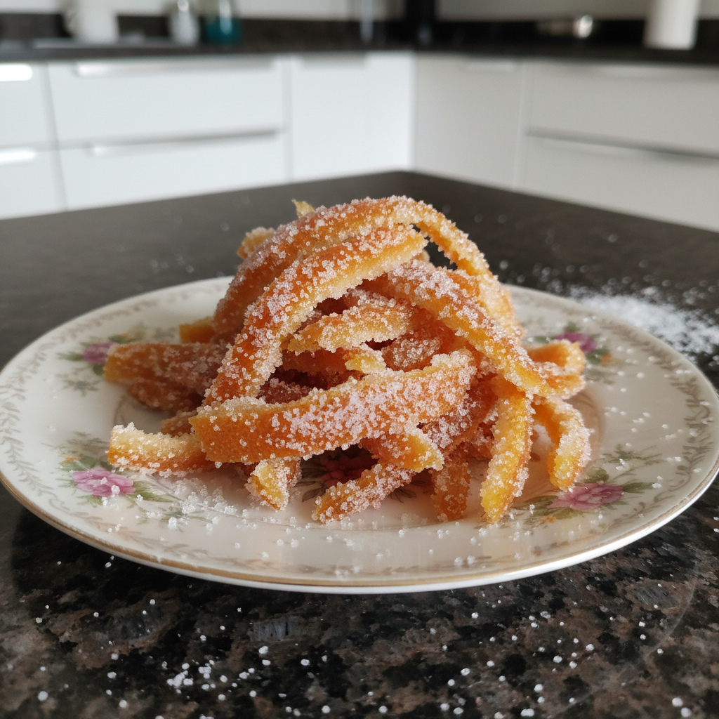 Golden candied grapefruit peel glistening with sugar crystals, a sweet treat.