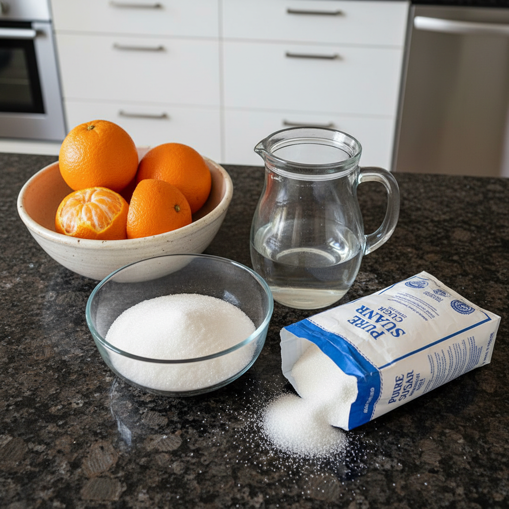Fresh oranges and sugar, the main ingredients for candied peel.
