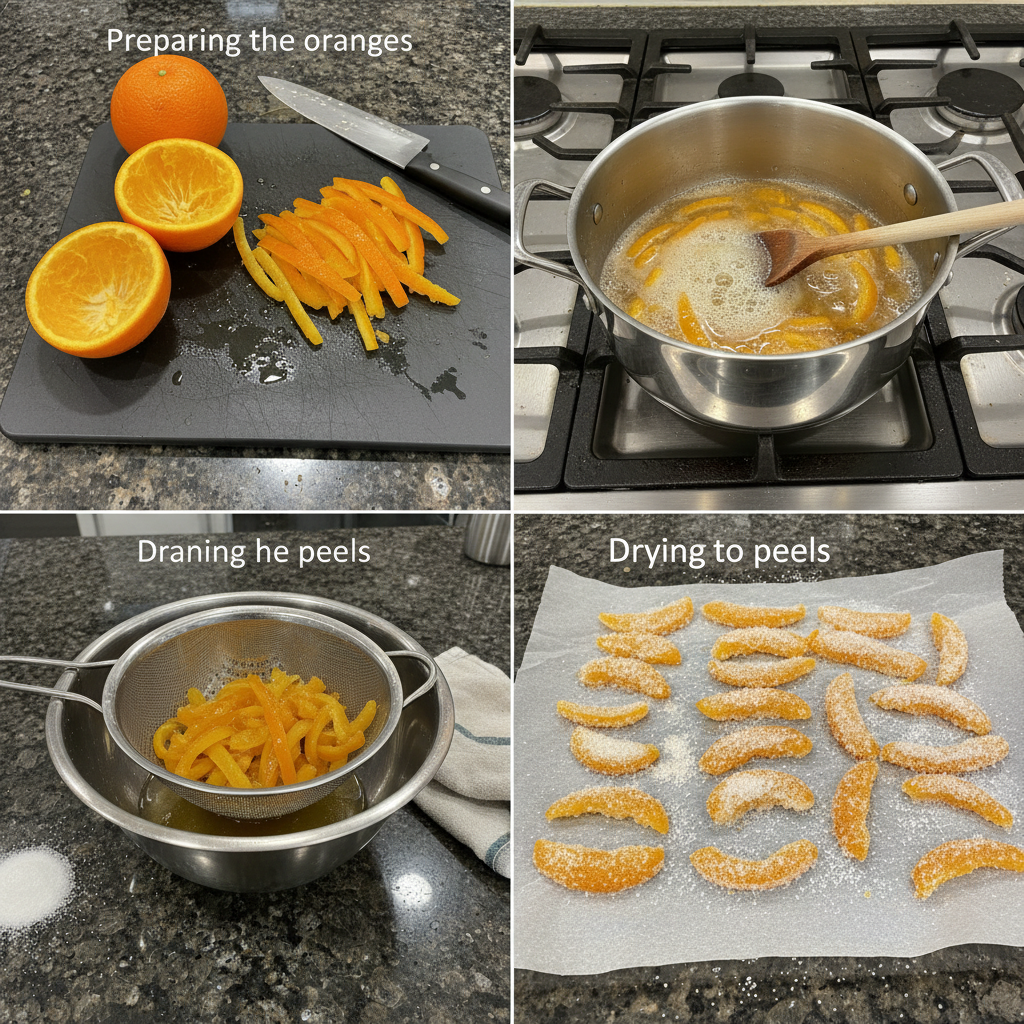 Close-up of candied orange peel being simmered in syrup.