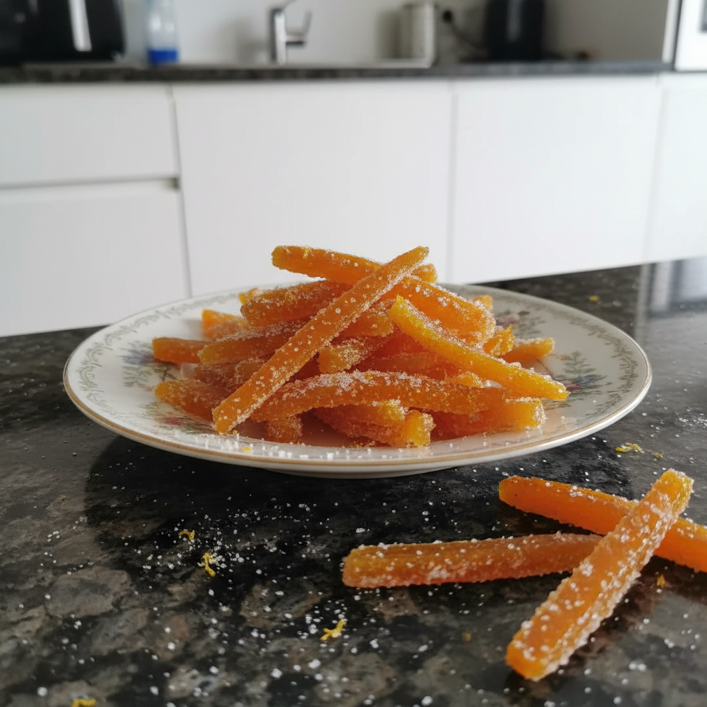 Shiny homemade candied orange peel, a sweet citrus treat.