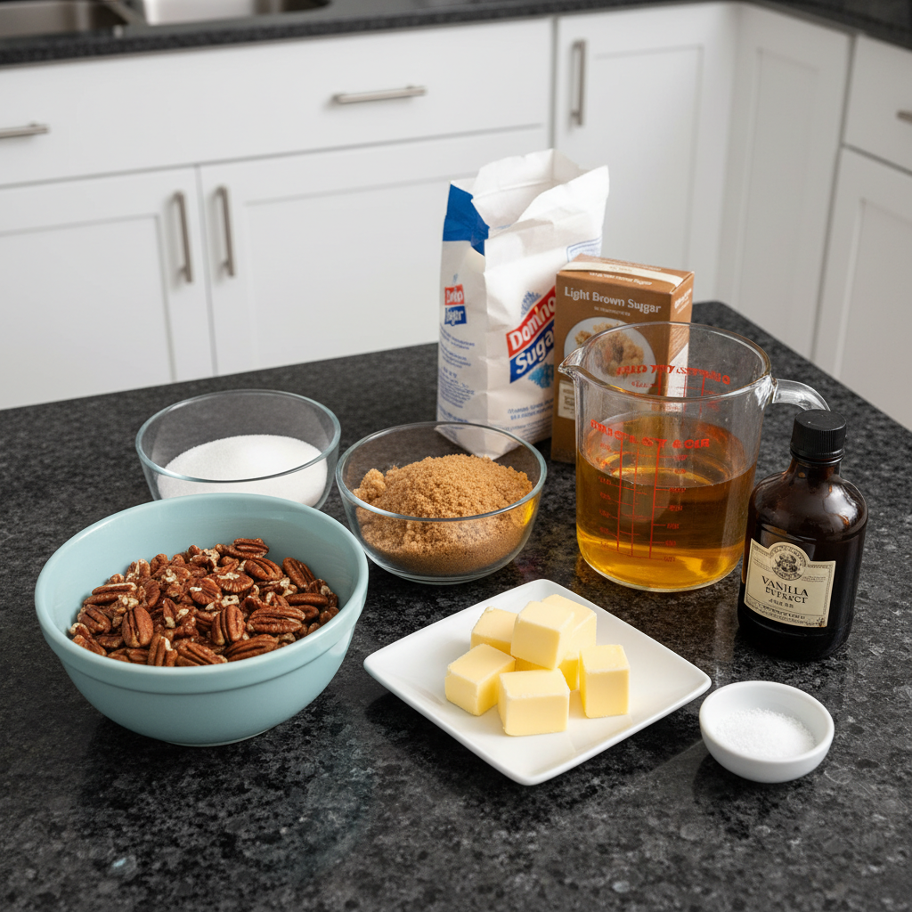 Raw pecans, sugar, cinnamon and other candied pecans ingredients in bowls.