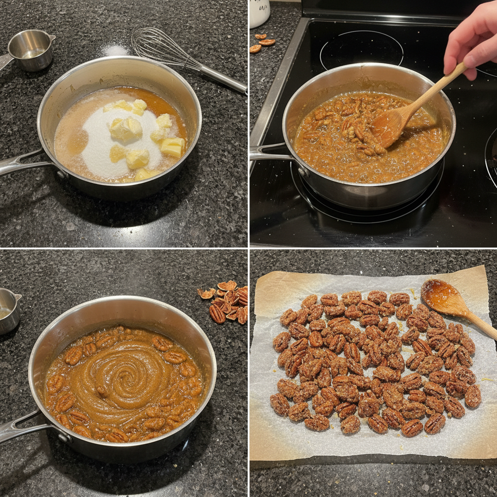 Candied pecans being stirred in a saucepan on the stovetop.