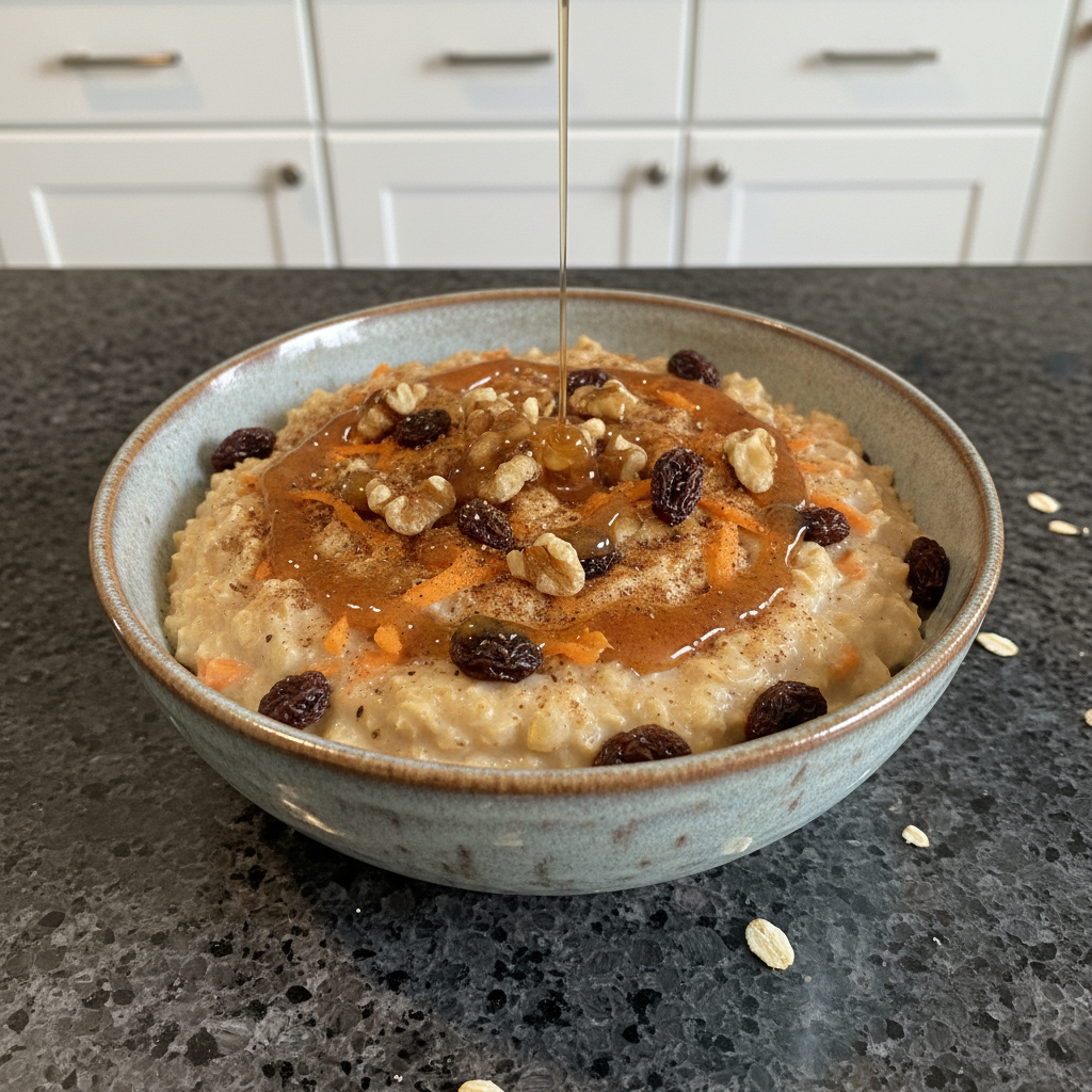 Warm bowl of carrot cake oatmeal, topped with nuts and spices.