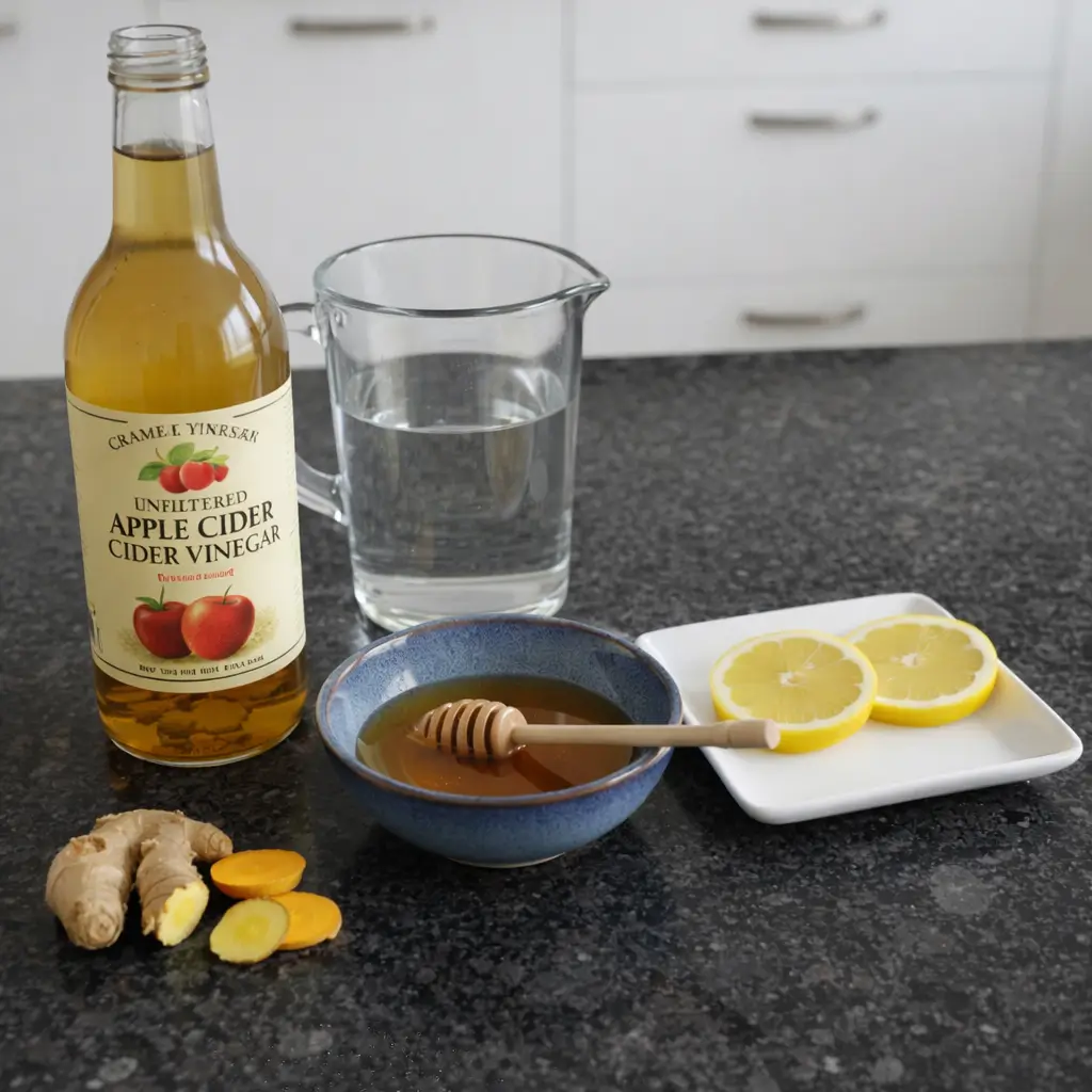 apple-cider-vinegar-drink-ingredients Apple cider vinegar drink ingredients: honey, lemon, water.