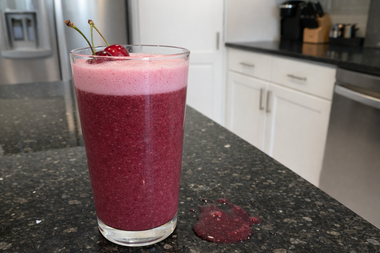 Vibrant cherry collagen smoothie in a glass, garnished with fresh cherries.