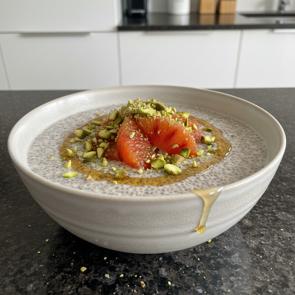 Creamy chia seed pudding in a clear glass, topped with fresh berries and mint.