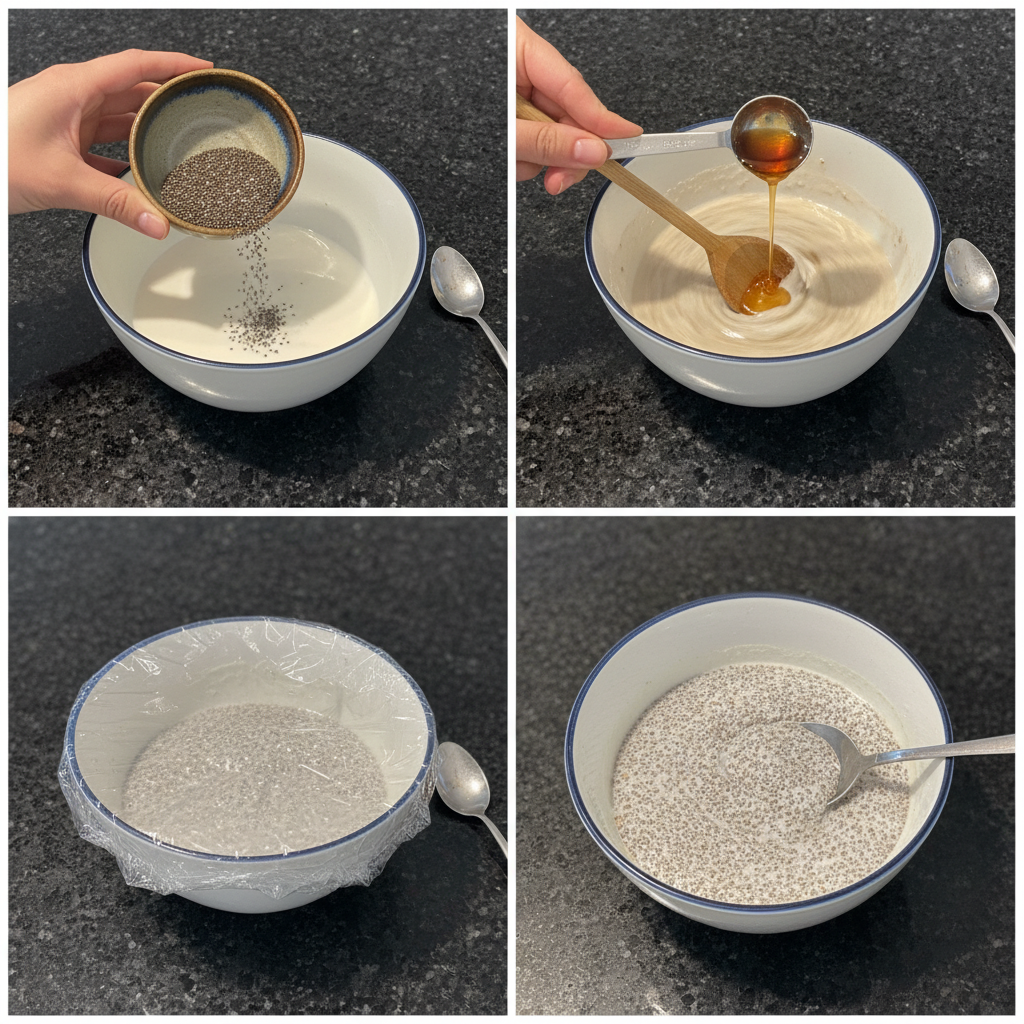 Mixing chia seeds and almond milk in a glass bowl, preparing the pudding.