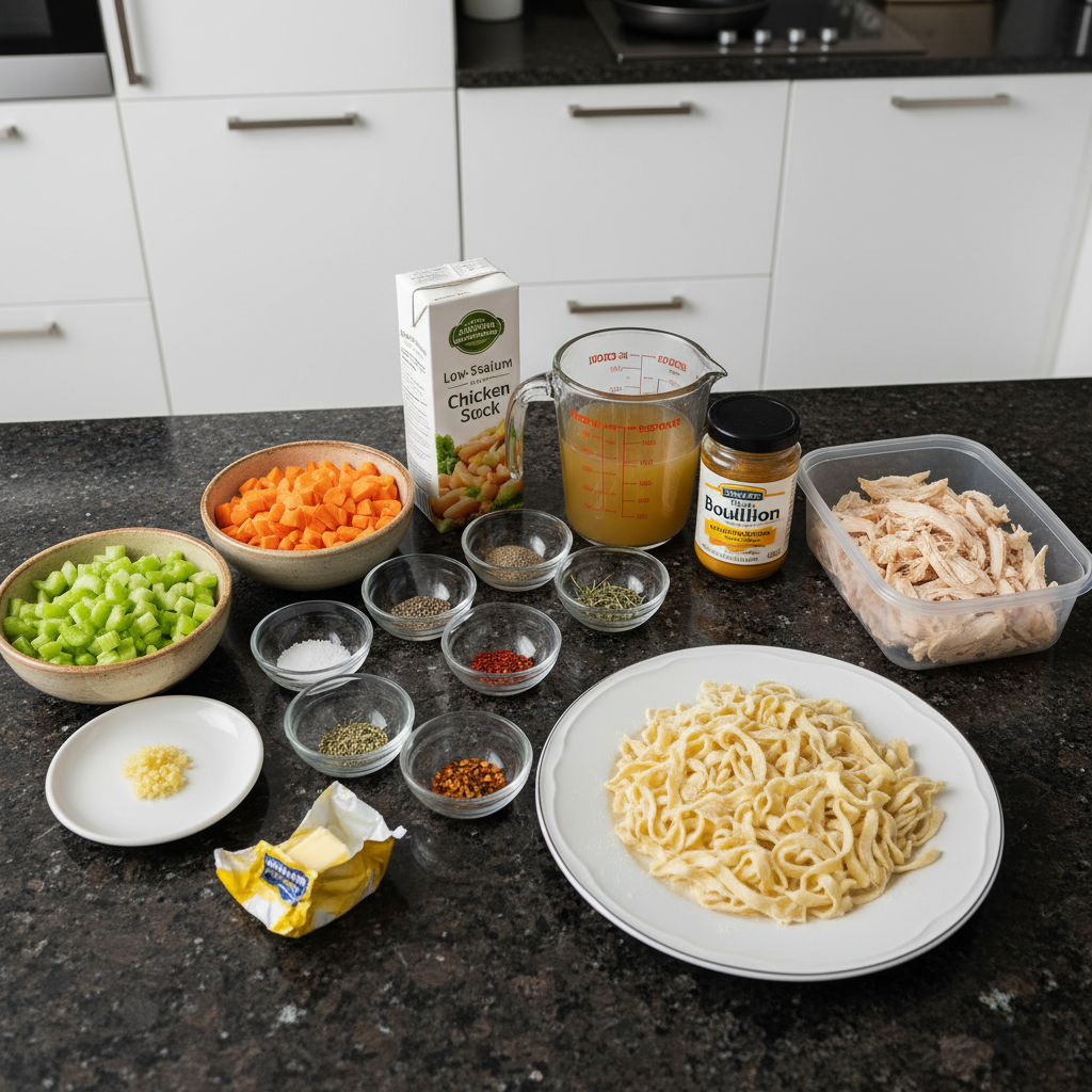 Fresh ingredients for chicken noodle soup recipe, including chicken, noodles, and vegetables.