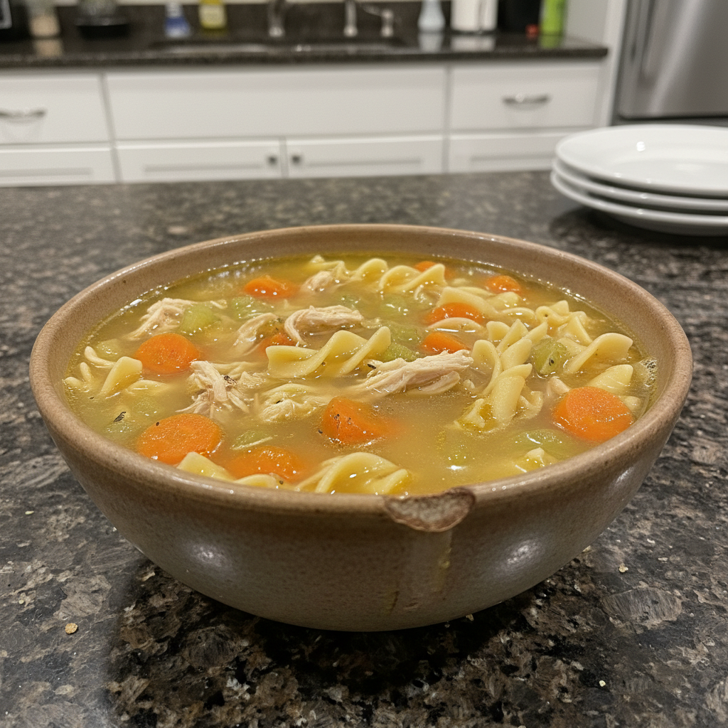 Bowl of comforting chicken noodle soup recipe with vibrant vegetables and golden broth.
