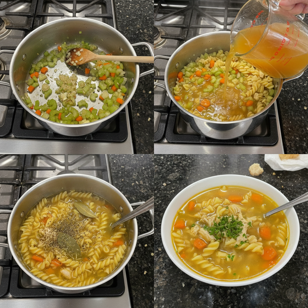 Step-by-step preparation of a homemade chicken noodle soup recipe in a pot.