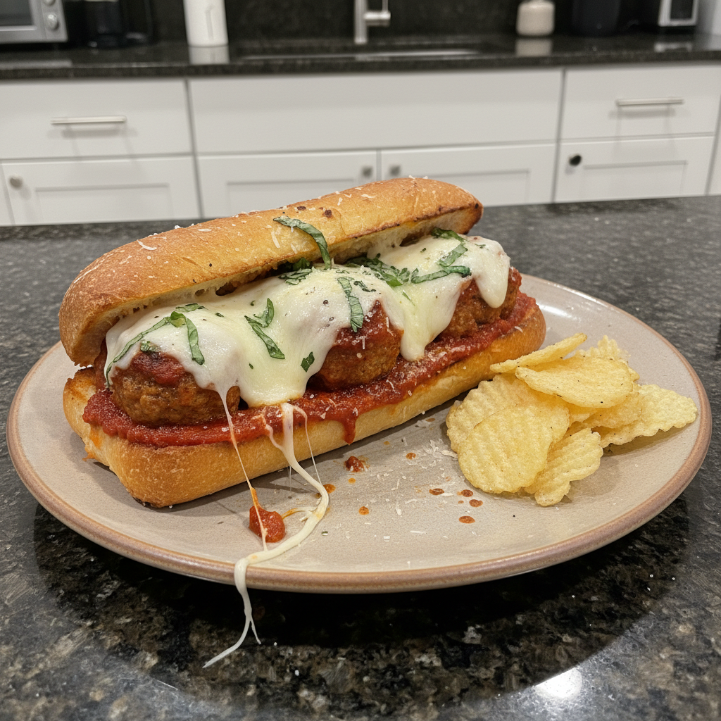 Close-up of a juicy Chicken Parm Meatball Sub, oozing with melted mozzarella.