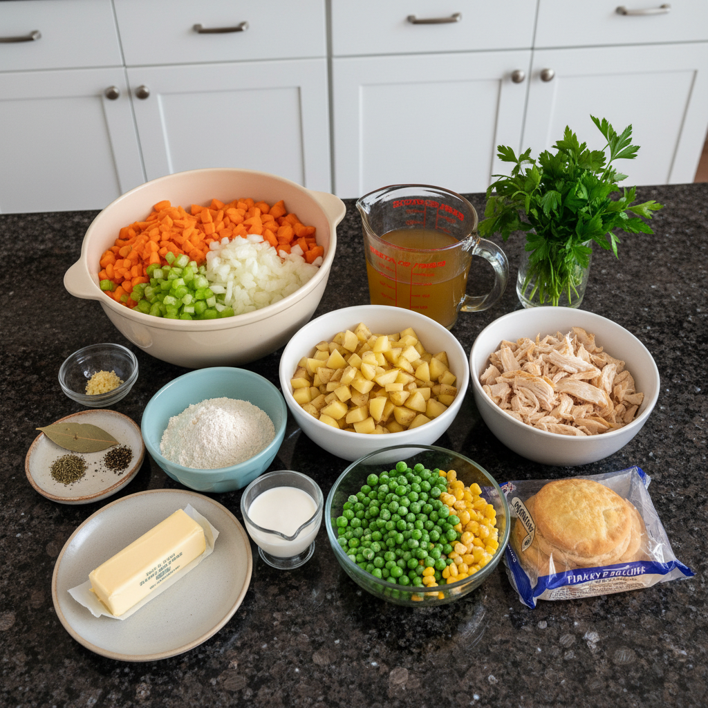All the fresh ingredients for chicken pot pie soup.