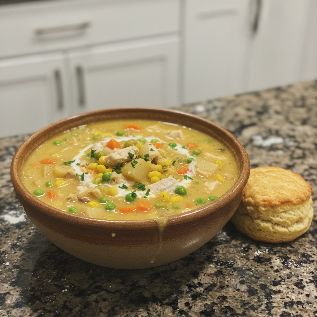 Creamy chicken pot pie soup served in a rustic bowl.