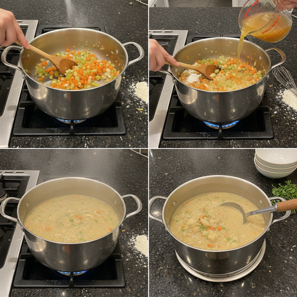 Preparing homemade chicken pot pie soup in a pot.