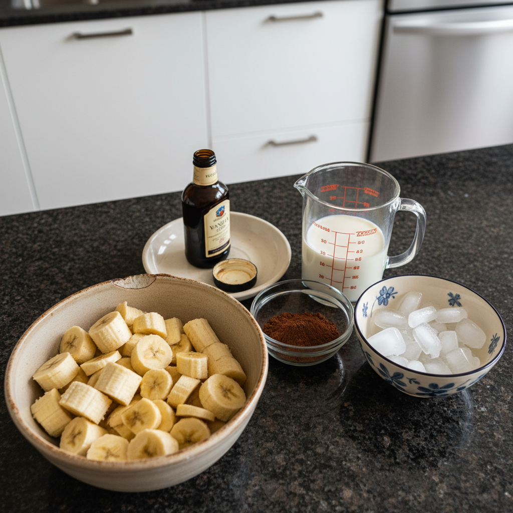 Chocolate banana smoothie ingredients: bananas, cocoa, milk, and ice.
