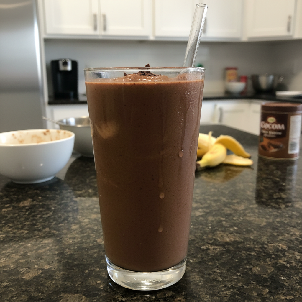 Delicious chocolate banana smoothie in a glass with toppings