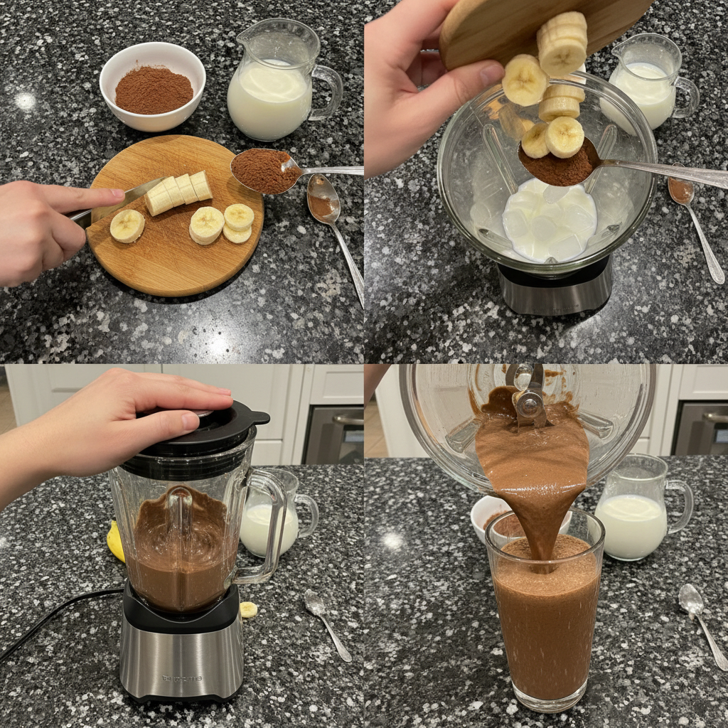 Blending a chocolate banana smoothie until smooth and creamy.