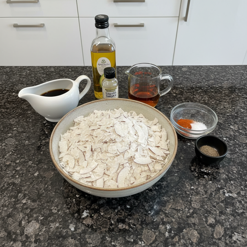 Close-up of coconut bacon ingredients, including coconut flakes and spices.