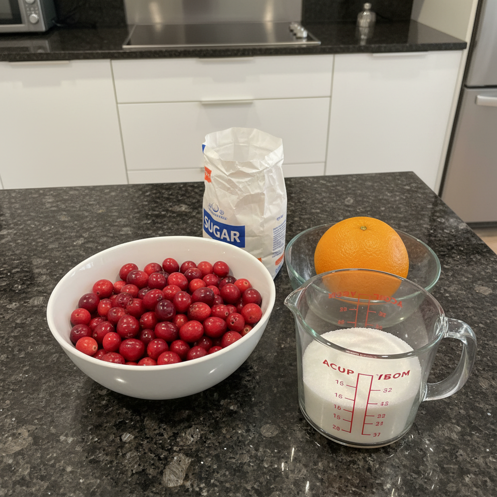 Fresh cranberries and other ingredients for making delicious cranberry relish.